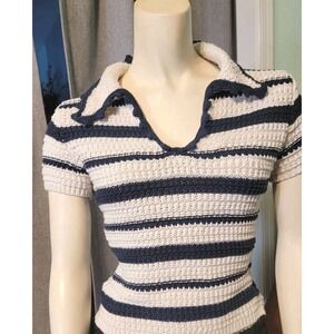 Blue & White Striped Alter'd State Cropped Nautical Open Knit Scalloped Collar S